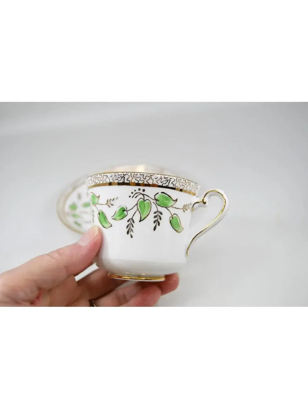 Phoenix Bone China Teacup & Saucer Gold Green Leaf Floral Vintage 1940s England